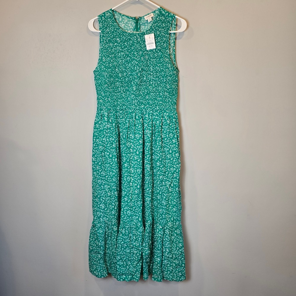 J Crew Dress Smocked Midi Womens Small Green NWT Floral Pockets Sleeveless